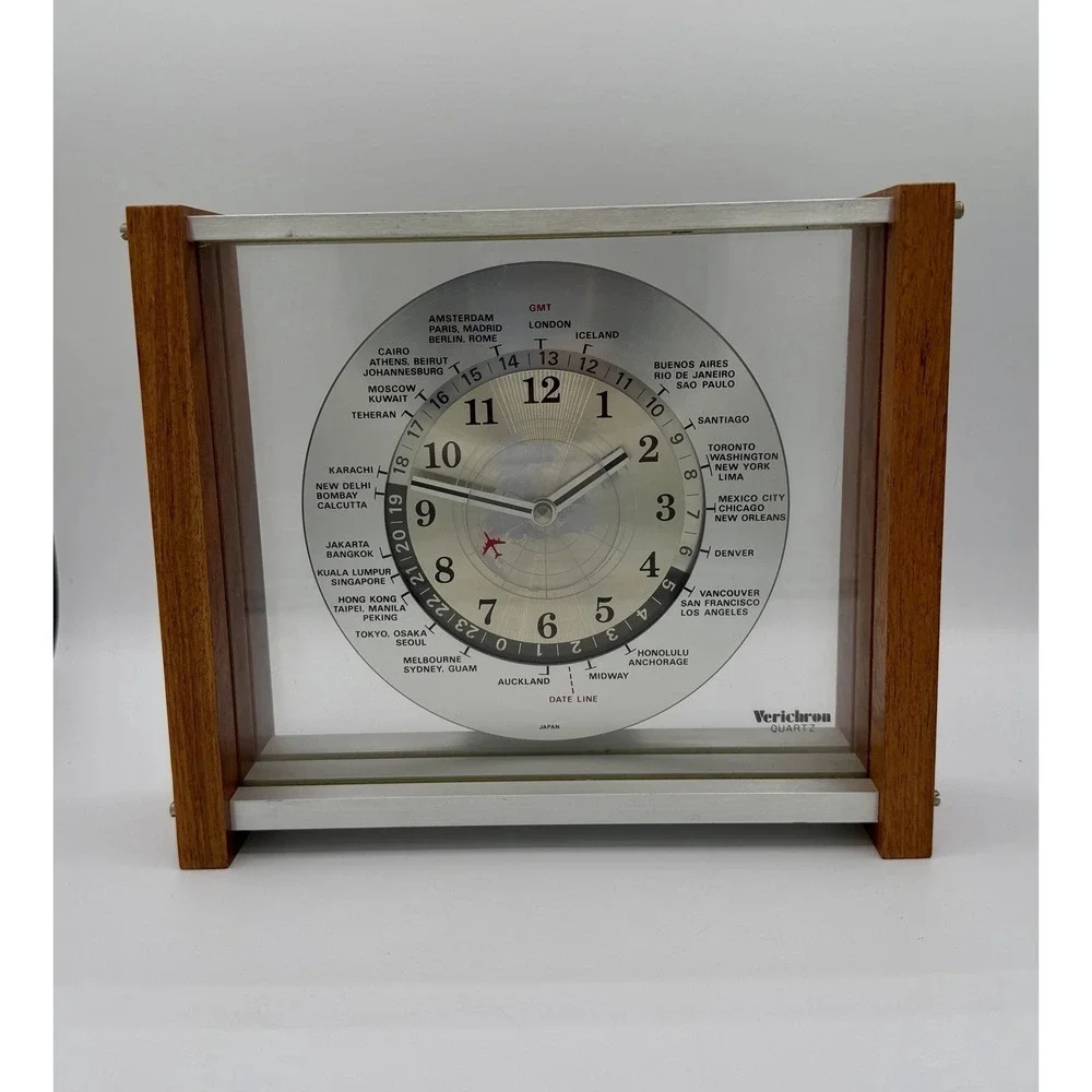 VERICHRON QUARTZ GMT WORLD MANTEL DESK CLOCK RED AIRPLANE JAPAN Vintage Tested
